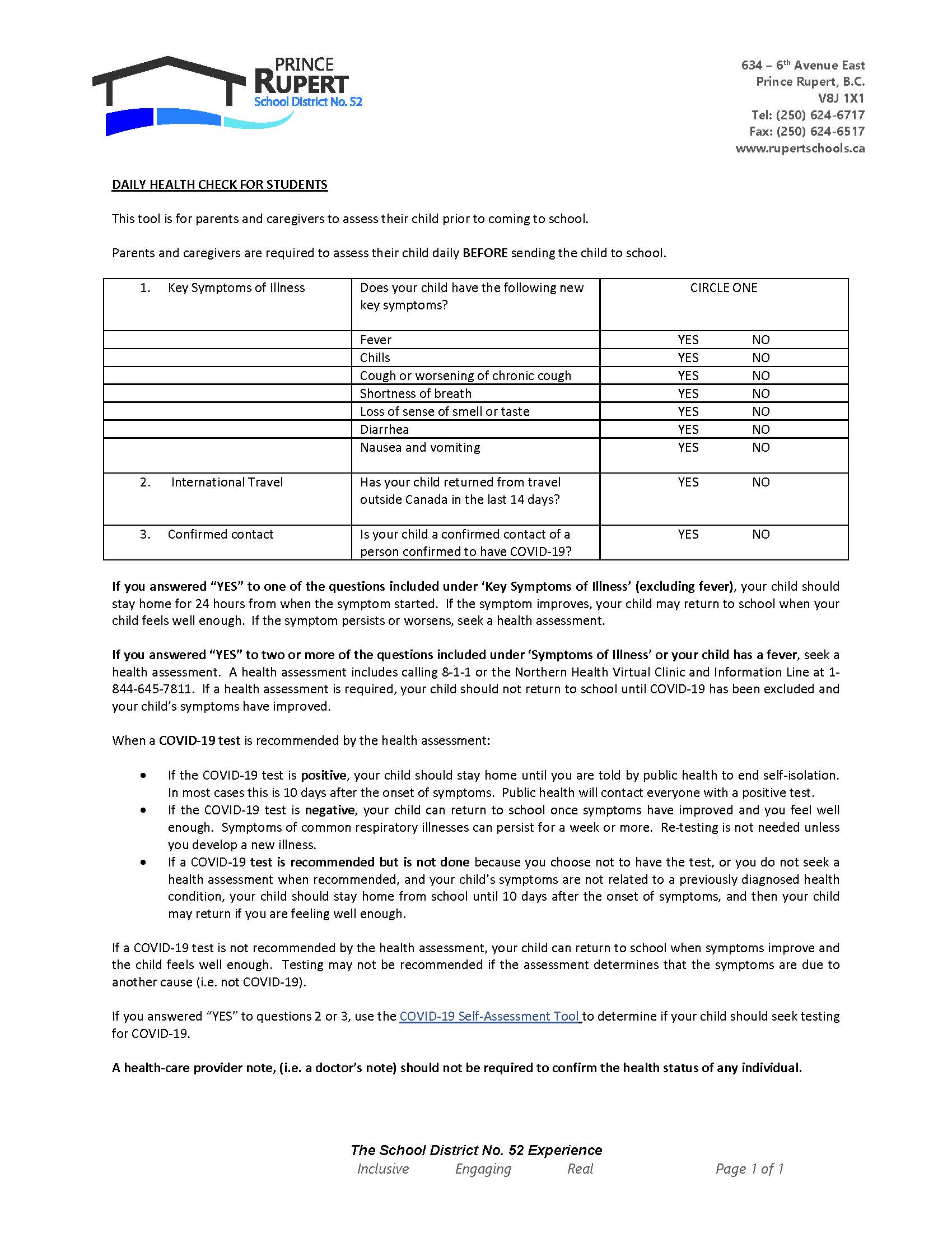 Daily Health Check Form Charles Hays Secondary